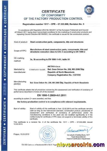 Czech Republic Certificate of Conformity of The Factory Production Control